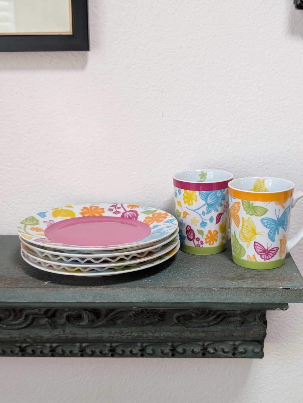PPD Get2gether Butterflies & Florals (4) 8" Salad Luncheon Plates; Pair of Mugs